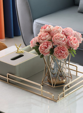 北欧皮革托盘长方形家用客厅茶几轻奢金属收纳盘样板间软装饰摆件