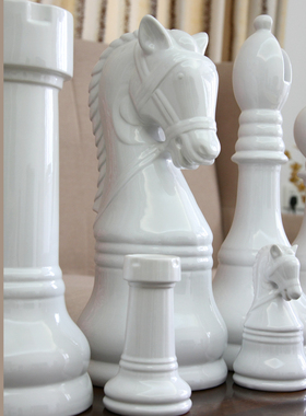 国际象棋陶瓷摆件欧式家居软装摄影道具乔迁商务送礼黑色白色