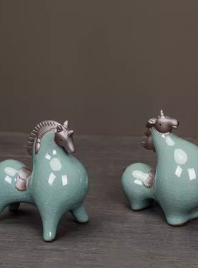 优选哥窑陶瓷唐马摆件客厅玄关酒柜办公桌面装饰品招财动物生肖马