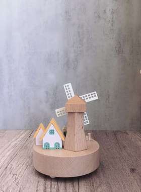 优选田园风车旋转音乐盒木质八音盒桌面摆件微景观木制工艺品创意