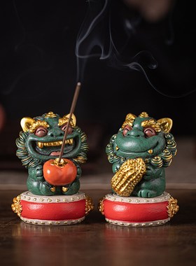 优选新中式好柿发生小狮子一对彩金可爱摆件创意线香插香托香器装
