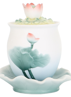 精选荷韵彩绘陶瓷供水杯浮雕莲花供杯佛杯圣水杯佛前大悲水摆件家