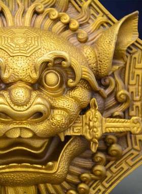 狮咬剑全铜狮子头八卦镜虎头牌兽头挂件睚眦门神摆件狮子咬剑