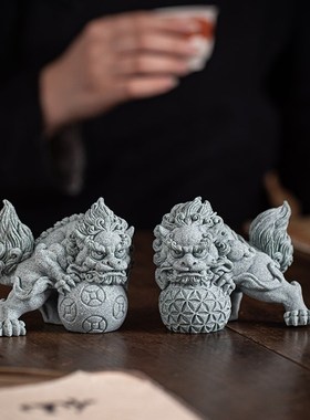 新中式双狮戏球茶宠摆件创意狴犴招财瑞兽开业乔迁送礼物桌面装饰