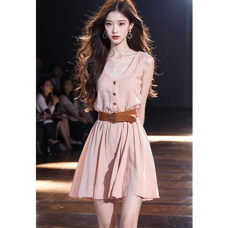 法式茶歇小个子V领背心裙子夏季新款设计感收腰显瘦无袖连衣裙女,淘宝优惠券,粉丝福利购,淘宝优惠卷