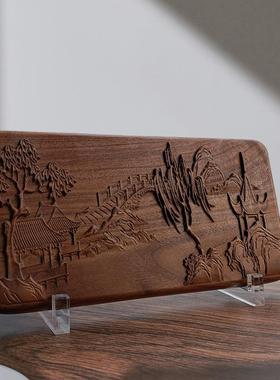 北美黑胡桃新中式明代台屏桌面屏风精雕木刻画新中式木雕画