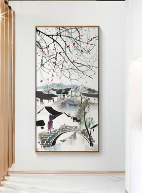 新中式玄关装饰画入户走廊过道挂画中国风江南山水风景画水墨壁画