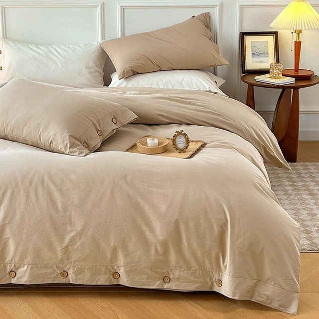Simple solid color wash cotton four-piece set 100 Japanese button quilt cover bed cover sheets bedding three-piece set