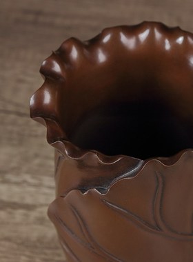 纯手工纯铜紫铜荷叶笔筒创意摆件办公室书房文房四宝复古工艺品