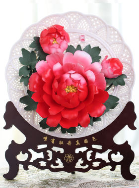 洛阳牡丹瓷盘11寸精致木盒家居客厅装饰品博古架酒柜摆件结婚礼物