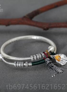 新款流银手镯女99纯银镯复古实心苏古法铃吊坠民族风古风推拉宫拢