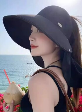 大檐护脸护颈空顶防晒帽可扎马尾