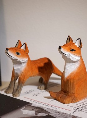 赤狐手工木雕小摆件可爱动物狐狸办公室内桌面摆放装饰工艺品礼物