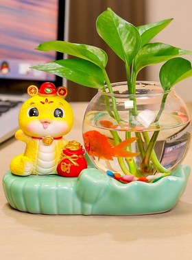 新款可爱小金蛇客厅办公室工位桌面装饰品水培花盆陶瓷治愈系摆件
