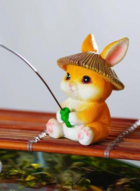 可爱兔子钓鱼玻璃鱼缸乌龟缸水族箱装饰流水鱼池假山花园造景摆件