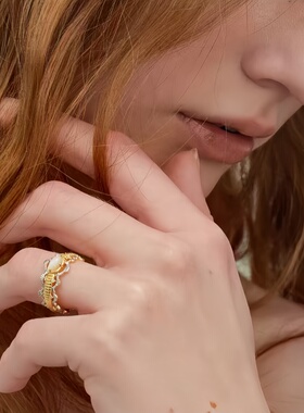 新款海神面纱贝母金银双色女戒