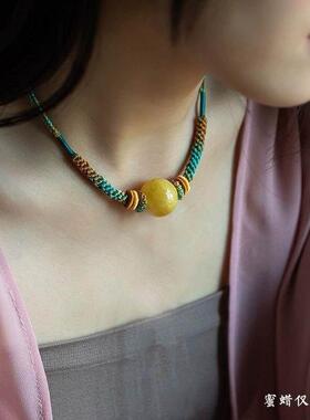 新手工编织锁骨链男女款个性横穿蜜蜡天珠挂绳转运珠毛衣链可调节