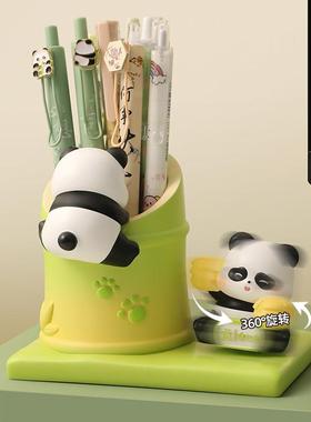 励志熊猫笔筒文创摆件学生书房办公室桌面收纳情绪稳定装饰品礼物