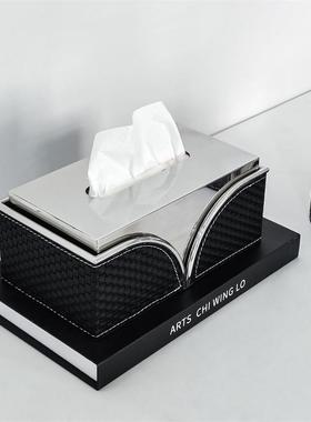 轻奢不锈钢皮革纸巾盒客厅桌面办公室茶几餐桌抽纸盒创意实用摆设