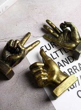 美式复古OK点赞胜利手势手指模型手工雕塑树脂摆件办公室工艺品