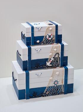 地中海家居装饰品收纳箱海洋实木箱子木盒子橱窗布置酒吧道具摆件