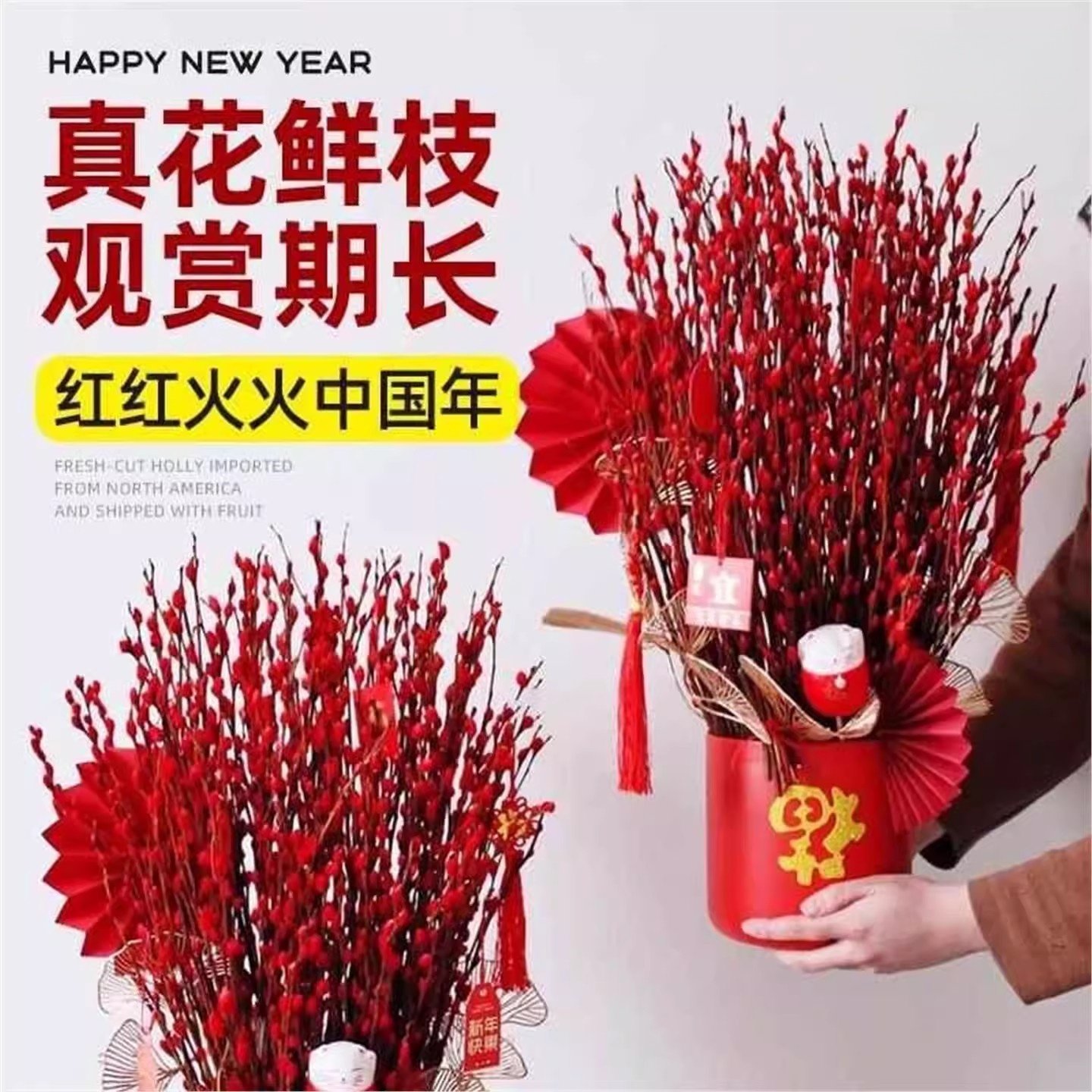 银柳真花鲜枝年宵花卉七多彩大红色银柳干花柳枝水养装饰招财1米2,淘宝优惠券,粉丝福利购,淘宝优惠卷