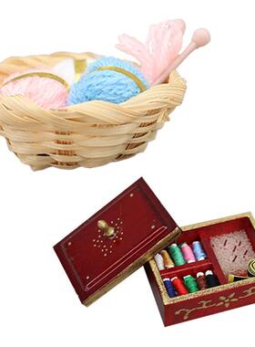 1:12娃娃屋dollhouse微缩家具食玩场景摆件针线盒毛线篮组合套装