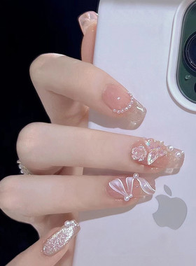爆款手工穿戴甲纯手作飘带珍珠冰透轻奢美甲可拆卸假指甲10片分码