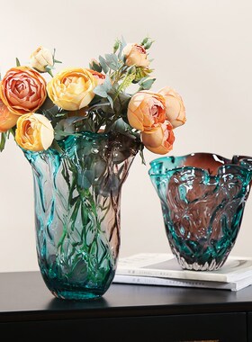 优选艺术琉璃彩色花瓶果盘套装摆件现代客厅茶几电视柜可水培花器