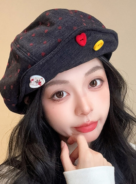 日系少女彩色纽扣画家帽秋冬百搭