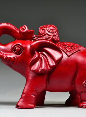 红色实木雕d刻大象摆件一对家居办公室玄关装饰工艺品开业新居送