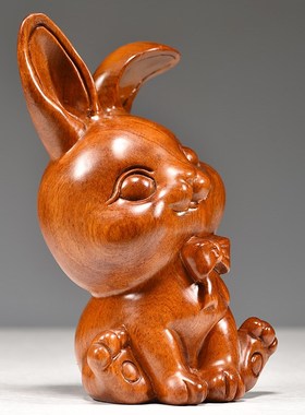兔摆件吉祥物花梨实木雕刻木头兔子三合J十二生肖属相木制品工艺