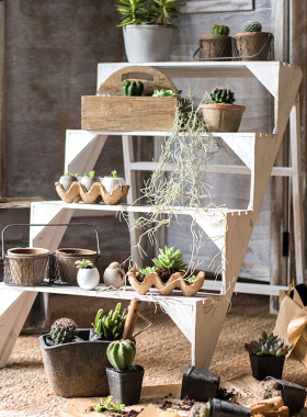 田园实木阶e梯花架 多层楼梯台装饰陈列架 阳台花园客厅多功能摆