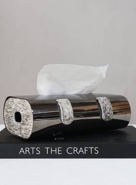 现代轻奢枪色不锈钢马毛纸巾盒样板间餐厅茶几桌面创意抽纸盒酒店