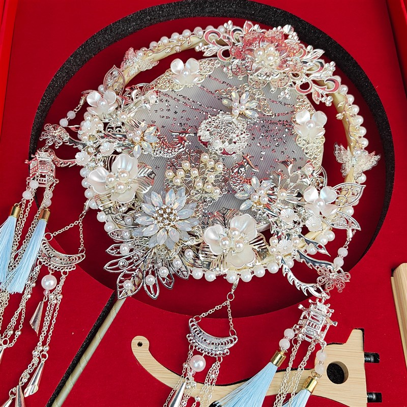 中式婚礼明制手捧花红色出嫁接亲秀禾扇新娘双O面喜扇结婚diy团扇 - 图1