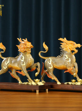 纯铜麒麟摆件一对瑞兽新中式家居客厅玄关办O公室装饰品摆设礼品