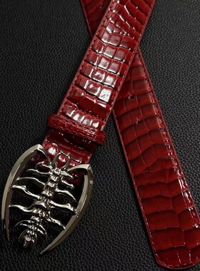 Vintag中古鳄鱼纹红色亮皮腰带