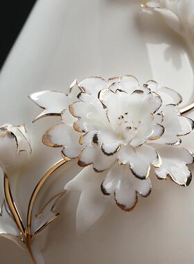 高档描金陶瓷花瓶博古架摆件轻奢新中式家居客厅餐桌插花白色瓷器