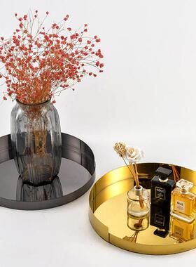 现代轻奢样板间家居客厅茶几桌面金色大号金属不锈钢圆形托盘摆件