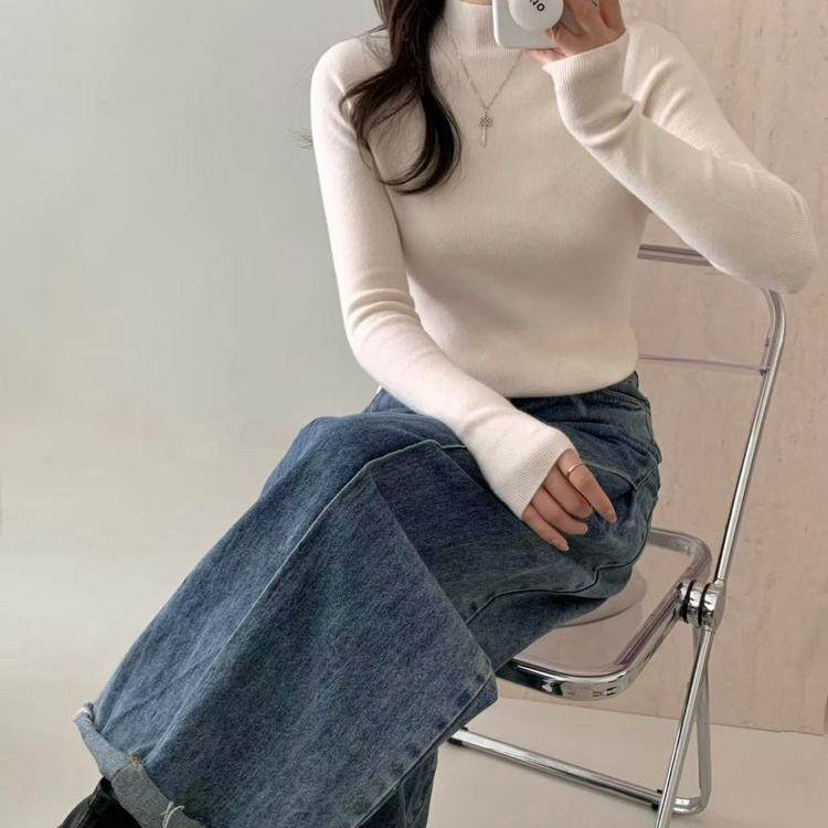 秋冬无缝一体半高领羊毛打底衫女修身显瘦内搭上衣-图2