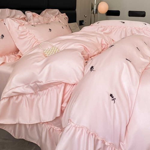 优选法式复古玫瑰刺绣冰丝四件套天丝被套夏季床单公主风床品高级 - 图2