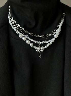 ACC 美式嘻哈潮十字架多层珍珠项炼小众设计高级感轻奢男女吊坠