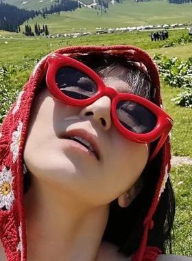 复古安可拉大红色墨镜女款潮欧美充气感太阳镜圆形可爱大框眼镜男