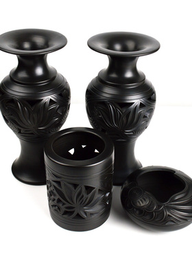 优选邯郸特产纯手工陶瓷陶器工艺品家居装饰品摆件实用黑陶四件套