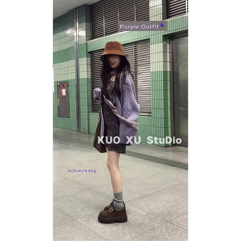 早秋穿搭紫色慵懒高级感绞花毛衣开衫外套碎花裙吊带连衣裙套装女 - 图3