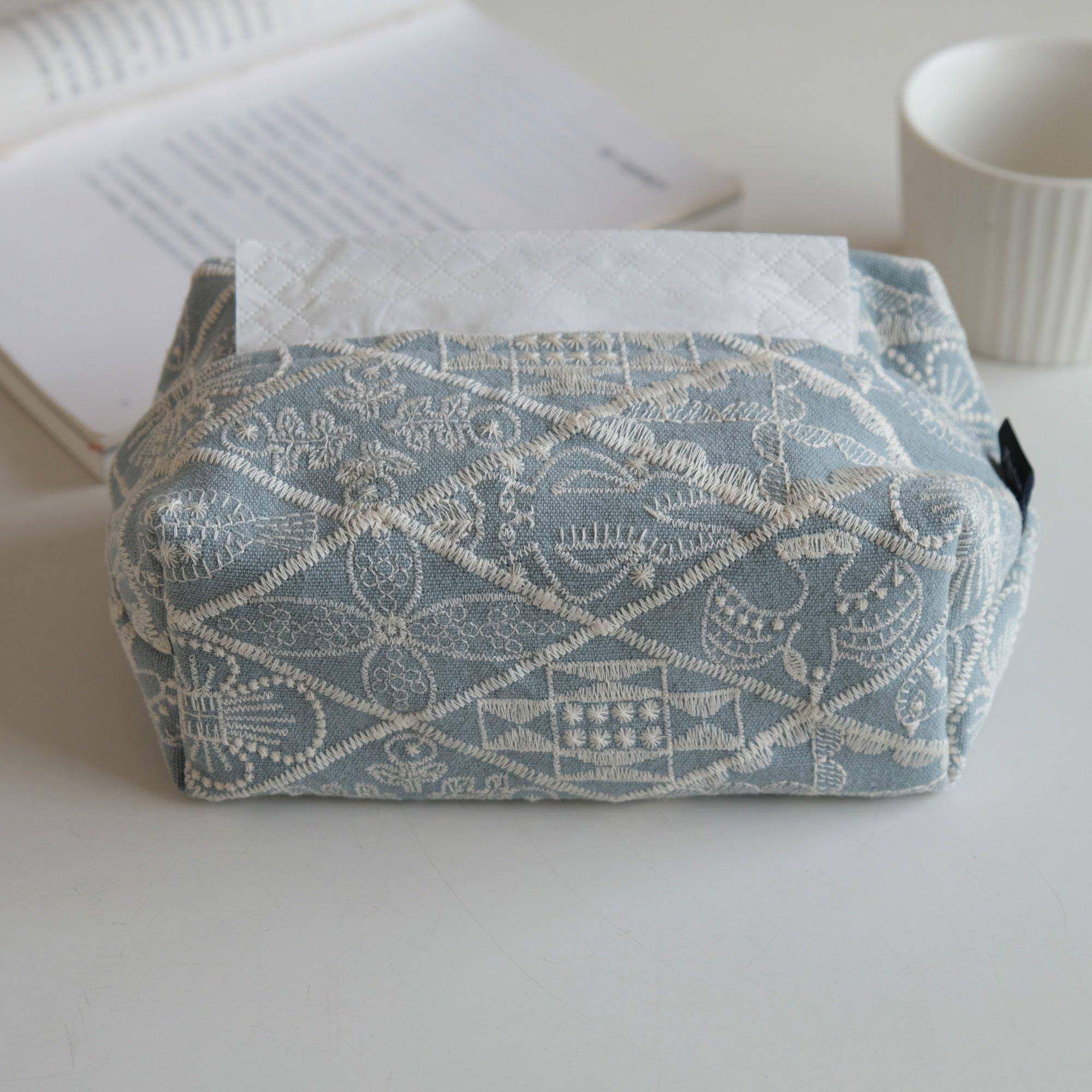 棉麻刺绣桌面纸巾盒抽纸盒法式覆古布艺抽纸收纳盒天蓝色中古风,淘宝优惠券,粉丝福利购,淘宝优惠卷