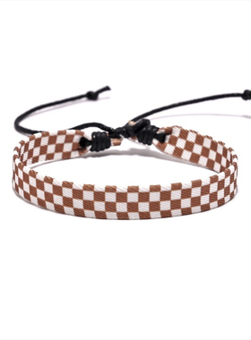 2025新款流行色格子手工编织手链原创手工几何波点配色织带手绳女