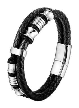 黑色皮绳牛皮男士双层不锈钢真皮编织手链手工多层皮革手镯L19140