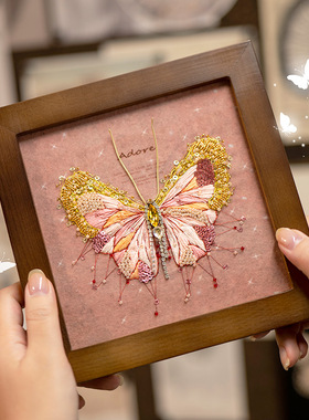 阿卡欧式立体刺绣diy材料包粉色蝴蝶相框画家居摆台桌面装饰礼物