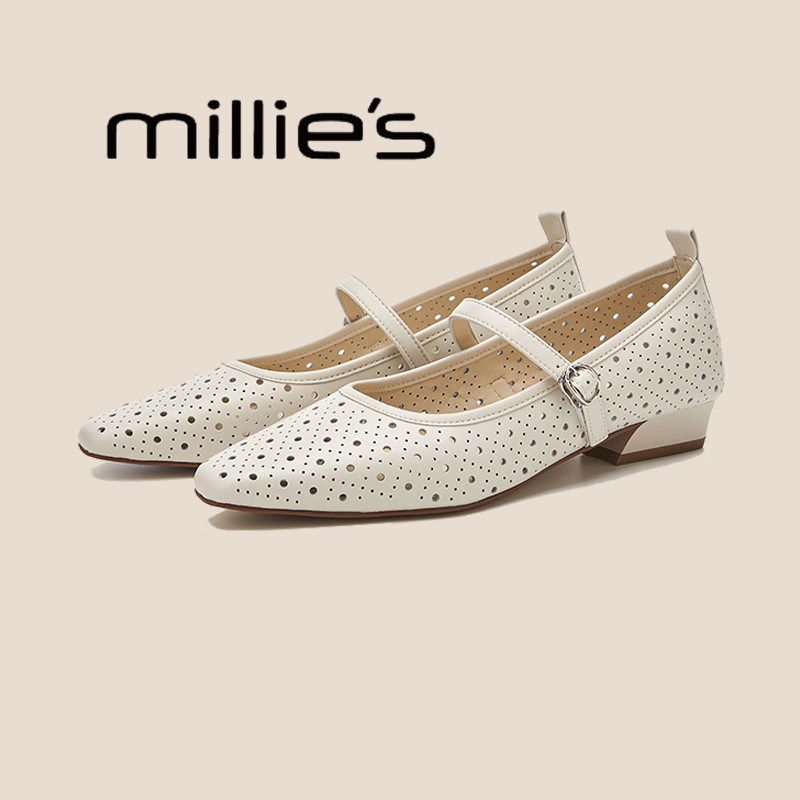 MILLIE'S/妙丽牛皮镂空冲孔玛丽珍鞋女鞋圆头浅口软平底法式单鞋,淘宝优惠券,粉丝福利购,淘宝优惠卷